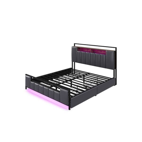 Bäddsoffa 160*200 cm, multifunktionell säng, med LED-belysning, med USB-port, med lådor, konstläder, grå