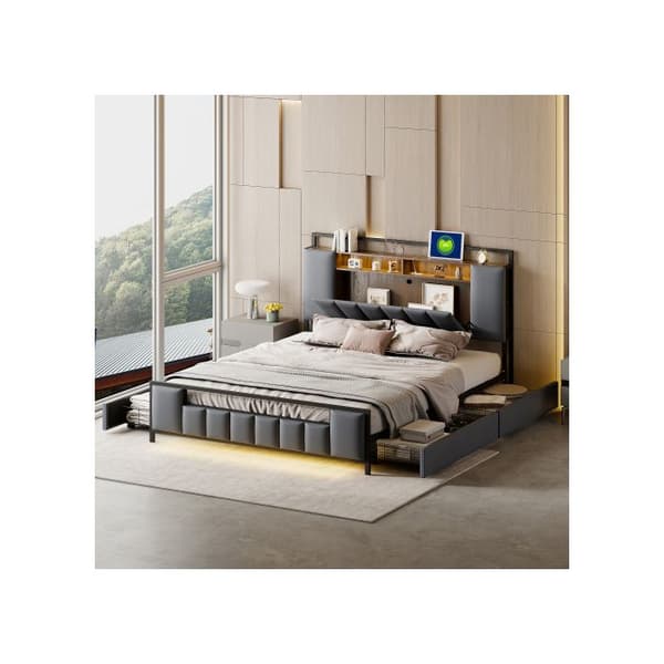 Bäddsoffa 160*200 cm, multifunktionell säng, med LED-belysning, med USB-port, med lådor, konstläder, grå