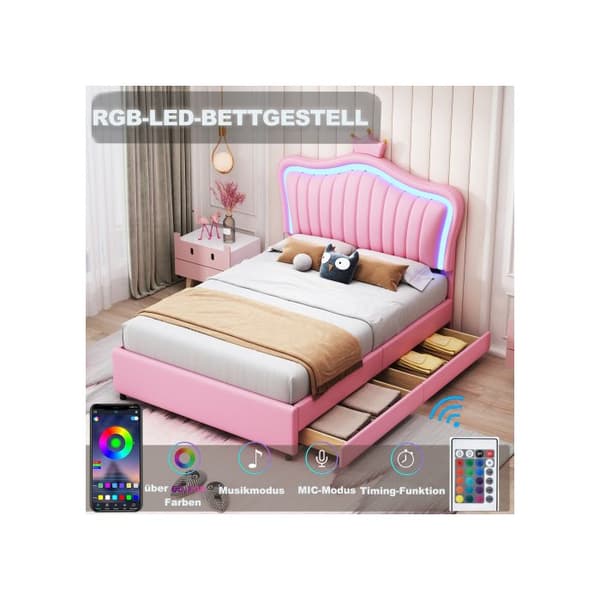 Lit capitonné 90 x 200 cm, sängram i PU-läder Rosa Krona Flicka, sängbotten med ribbor och ryggstöd
