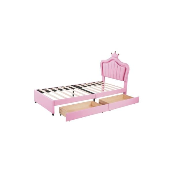 Lit capitonné 90 x 200 cm, sängram i PU-läder Rosa Krona Flicka, sängbotten med ribbor och ryggstöd