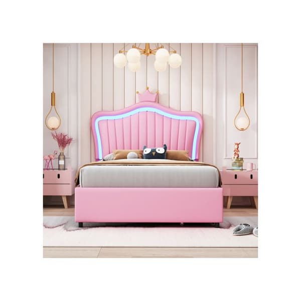 Lit capitonné 90 x 200 cm, sängram i PU-läder Rosa Krona Flicka, sängbotten med ribbor och ryggstöd