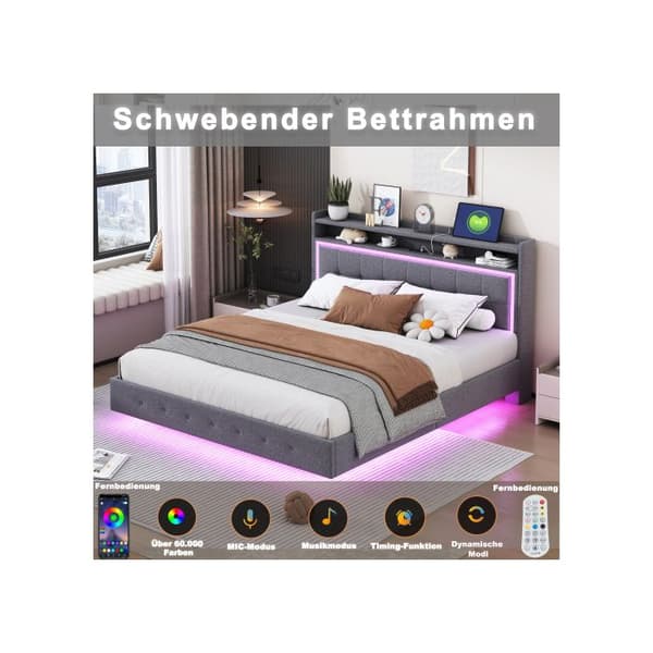 Uppfällt säng 160*200, med USB-uttag och LED-belysning, sängen kan placeras vid sängens huvudände, grå linnetyg.