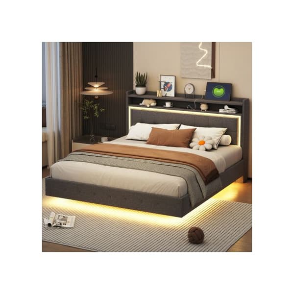 Uppfällt säng 160*200, med USB-uttag och LED-belysning, sängen kan placeras vid sängens huvudände, grå linnetyg.