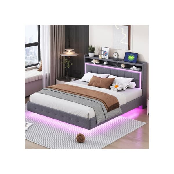Uppfällt säng 160*200, med USB-uttag och LED-belysning, sängen kan placeras vid sängens huvudände, grå linnetyg.