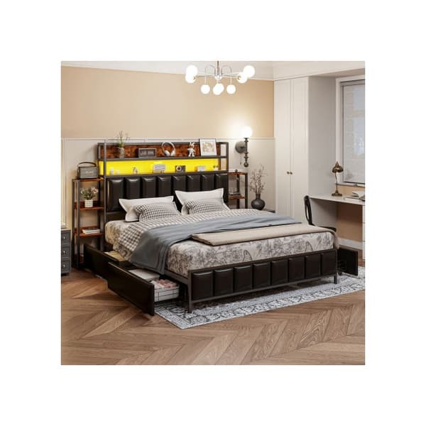 Säng med stoppning 160*200 cm, med flera hyllor, med LED-belysning, svart