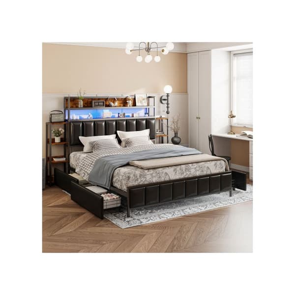 Säng med stoppning 160*200 cm, med flera hyllor, med LED-belysning, svart