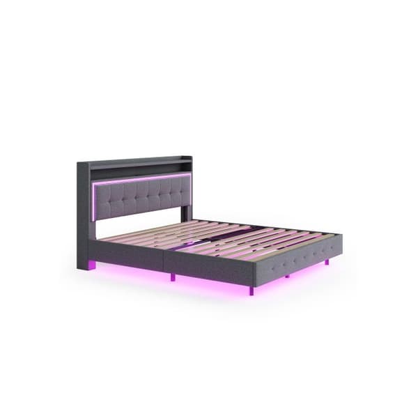 Uppfällt säng 140*200 med USB-port och LED-belysning, dubbelsäng med platt sänggavel, grått linne.