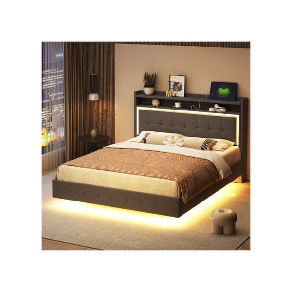 Uppfällt säng 140*200 med USB-port och LED-belysning, dubbelsäng med platt sänggavel, grått linne.