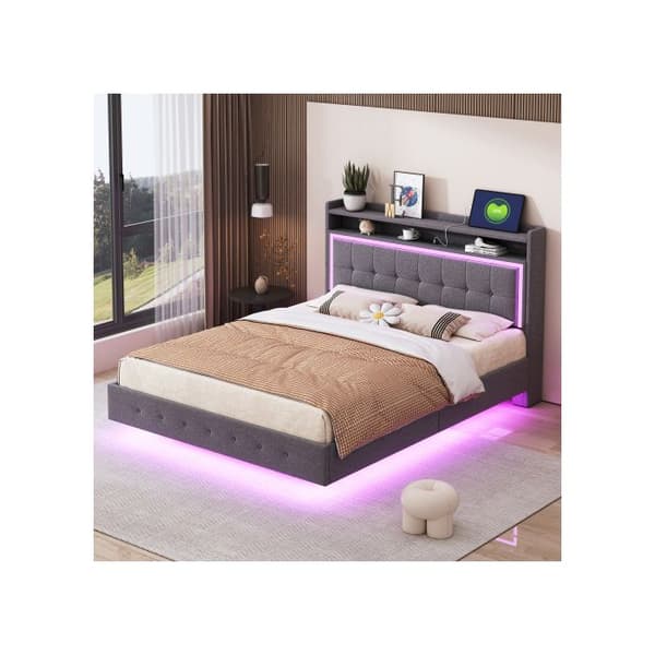 Uppfällt säng 140*200 med USB-port och LED-belysning, dubbelsäng med platt sänggavel, grått linne.