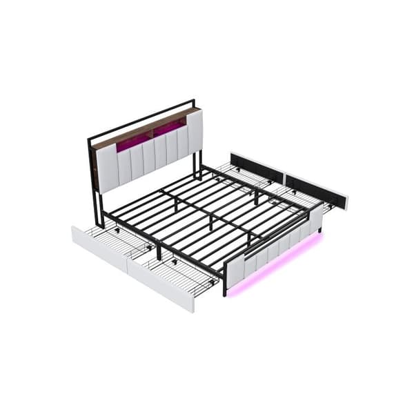 Madrassäng 160*200 cm, multifunktionell säng med LED-belysning, med USB-port, med lådor, vit