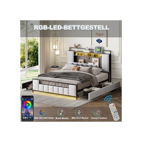 Madrassäng 160*200 cm, multifunktionell säng med LED-belysning, med USB-port, med lådor, vit