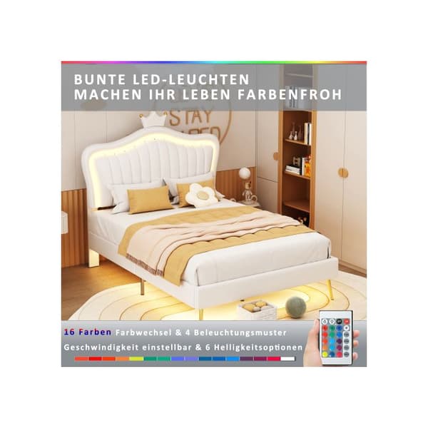 Barnsäng 90 x 200 cm, överlagd krona i vit PU-läder med LED-belysning (madrass ingår ej)