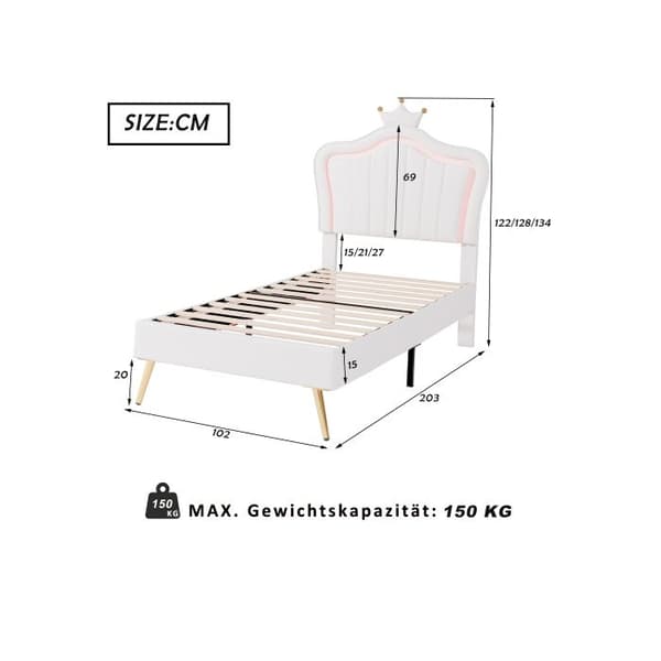 Barnsäng 90 x 200 cm, överlagd krona i vit PU-läder med LED-belysning (madrass ingår ej)