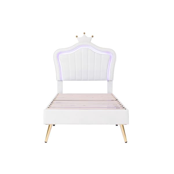Barnsäng 90 x 200 cm, överlagd krona i vit PU-läder med LED-belysning (madrass ingår ej)