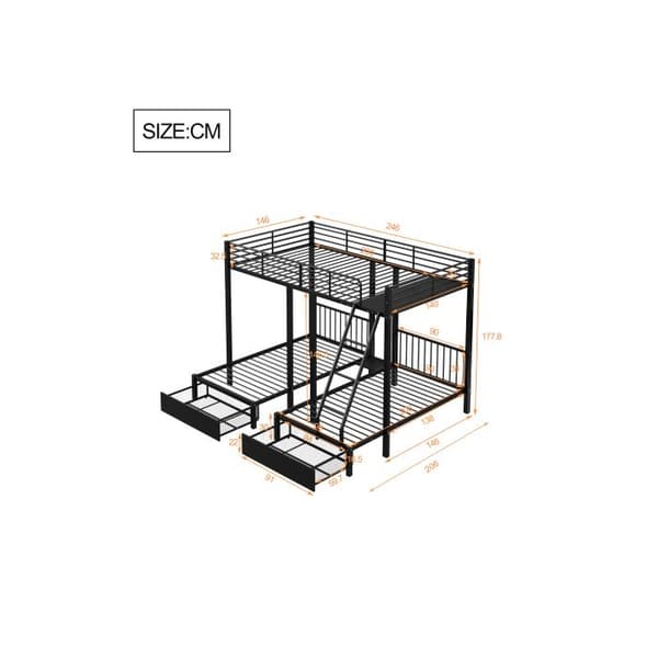 Tredubbelsäng med lådor, konvertibel till en dubbelsäng 140 x 200 och två enkelsängar 90 x 200, svart