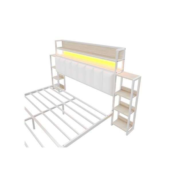 Säng med 140*200 cm, med flera hyllor, med LED-belysning, förvaringsutrymme i huvudgaveln, vit