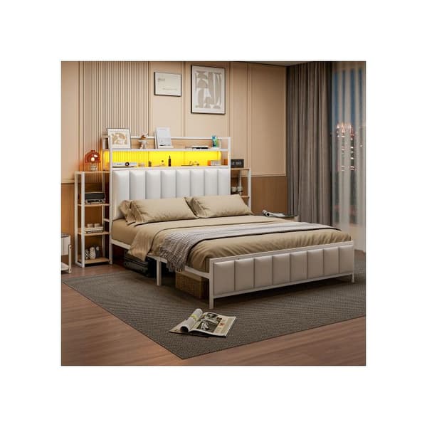Säng med 140*200 cm, med flera hyllor, med LED-belysning, förvaringsutrymme i huvudgaveln, vit
