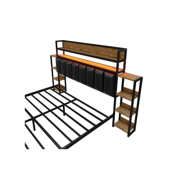 Säng med knappar 160*200 cm, med flera hyllor, med LED-belysning, förvaringsutrymme i huvudgaveln, svart