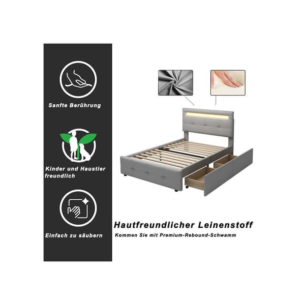 Säng med stoppning 90*200 cm, med LED-belysning, 2 lådor, klädsel i mjuk linne för huden, gästsäng (grå)
