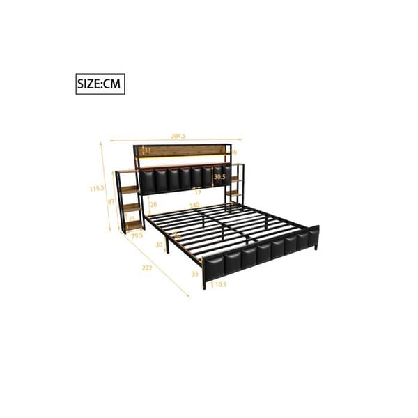 Uppfällt säng 140*200 cm, med flera hyllor, med LED-belysning, sängöverdrag i syntetiskt läder, svart