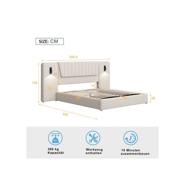 Uppbäddad säng 180*200 cm, med utdraget ryggstöd, justerbar läslampa, med USB-laddningsuttag, Beige