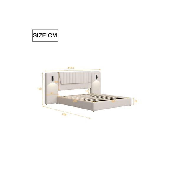 Uppbäddad säng 180*200 cm, med utdraget ryggstöd, justerbar läslampa, med USB-laddningsuttag, Beige