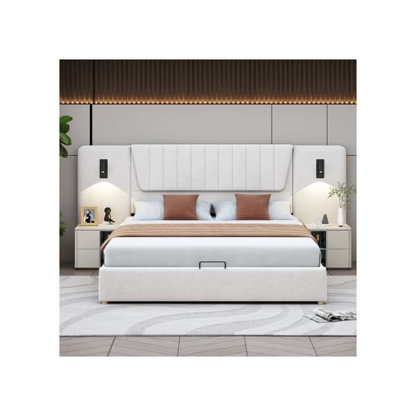Uppbäddad säng 180*200 cm, med utdraget ryggstöd, justerbar läslampa, med USB-laddningsuttag, Beige