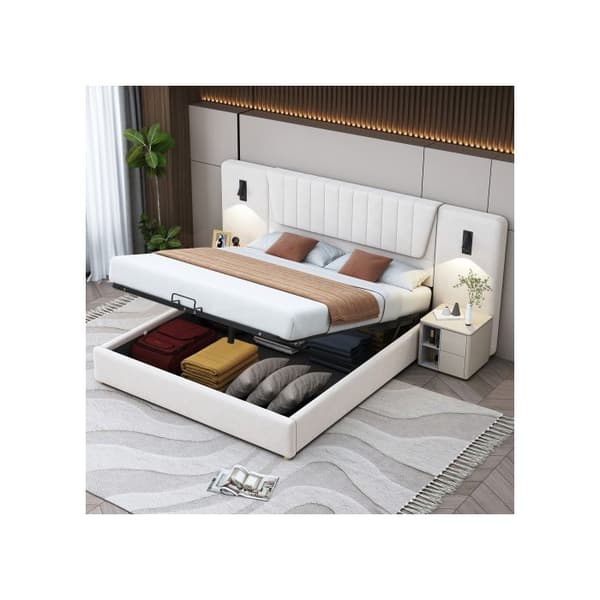 Uppbäddad säng 180*200 cm, med utdraget ryggstöd, justerbar läslampa, med USB-laddningsuttag, Beige