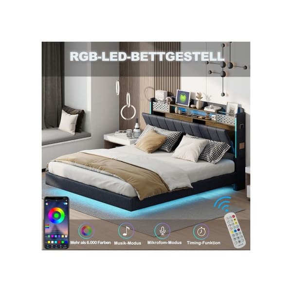 160*200 tum sängram med LED-belysning och USB-port, sänggavel med förvaring, linne, grå