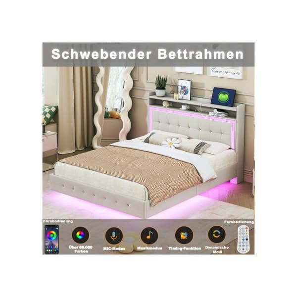 Plattfotsäng 140*200, med USB-uttag och LED-belysning, sängen kan placeras vid sängens huvud, beige linne tyg.