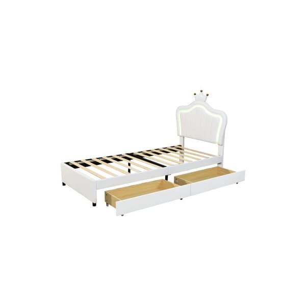Barnsäng Klädd säng 90 x 200 cm, enkel sängram för flicka i vit PU-läder, med förvaringslådor
