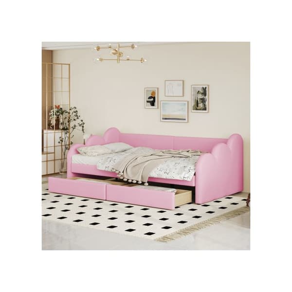 Säng med stoppning 90*200 cm, bäddsoffa, multifunktionell säng med ryggstöd och armstöd, med 2 förvaringsutrymmen, rosa