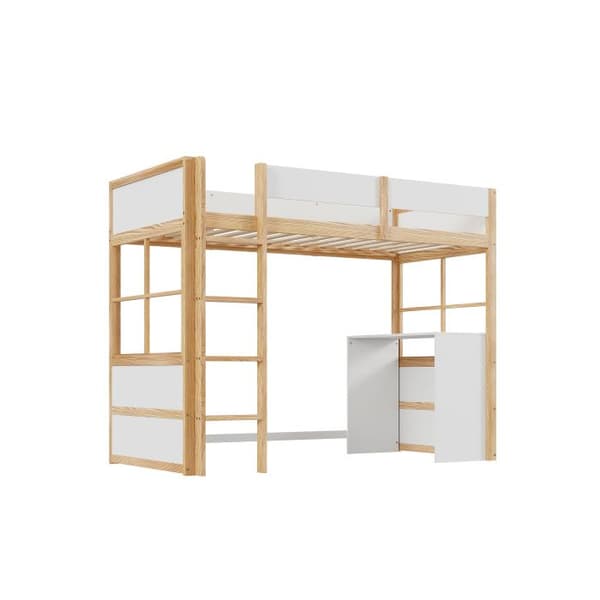 Höganäslit i trä 90*200cm, säkerhetsstege, med bord, hög stängselsdesign, enkel säng, barnsäng, trä+vit