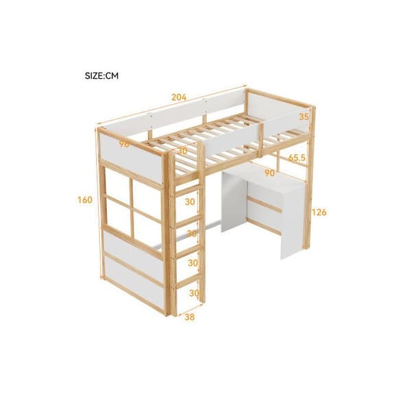 Höganäslit i trä 90*200cm, säkerhetsstege, med bord, hög stängselsdesign, enkel säng, barnsäng, trä+vit