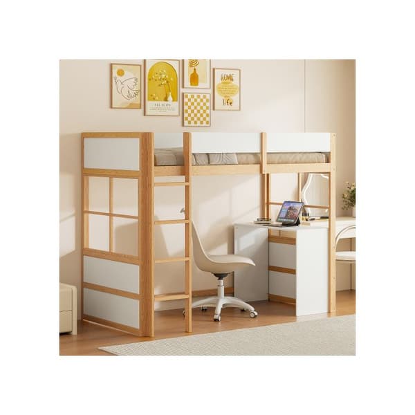 Höganäslit i trä 90*200cm, säkerhetsstege, med bord, hög stängselsdesign, enkel säng, barnsäng, trä+vit