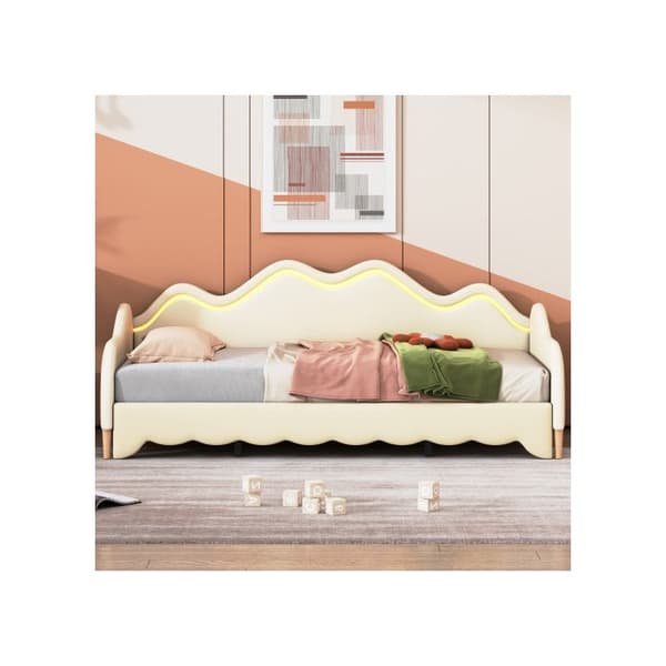 90(180)*190 cm Utsökt stoppad säng, multifunktionell 2-i-1 bäddsoffa, säng i läder med LED-belysning, med ribbotten, beige