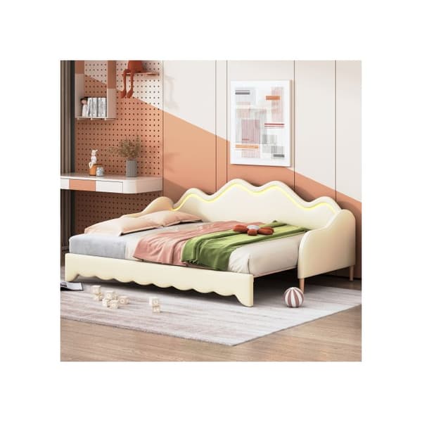 90(180)*190 cm Utsökt stoppad säng, multifunktionell 2-i-1 bäddsoffa, säng i läder med LED-belysning, med ribbotten, beige