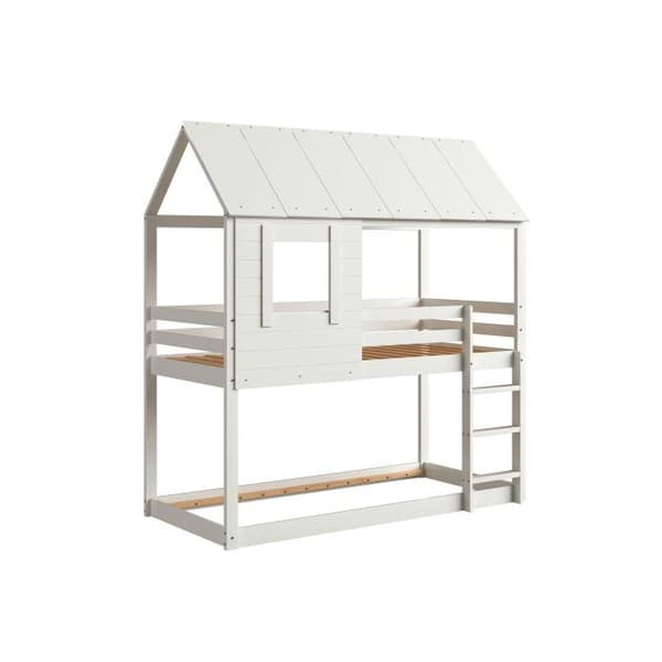 Barnsäng i trä, våningssäng 90 X 200 cm, barnsäng med tak, stege och vit sängbotten (Tidigare SKUs:LDB00018AAA)