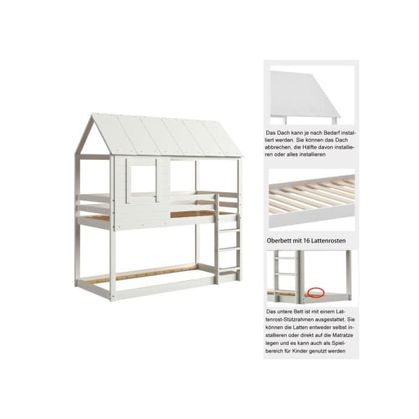 Barnsäng i trä, våningssäng 90 X 200 cm, barnsäng med tak, stege och vit sängbotten (Tidigare SKUs:LDB00018AAA)