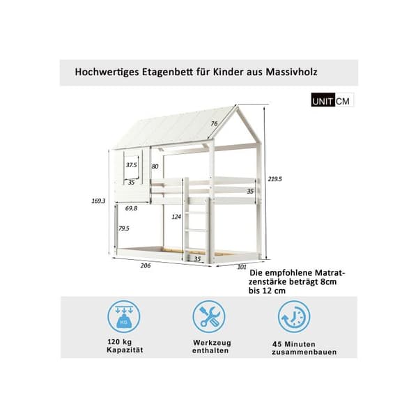 Barnsäng i trä, våningssäng 90 X 200 cm, barnsäng med tak, stege och vit sängbotten (Tidigare SKUs:LDB00018AAA)