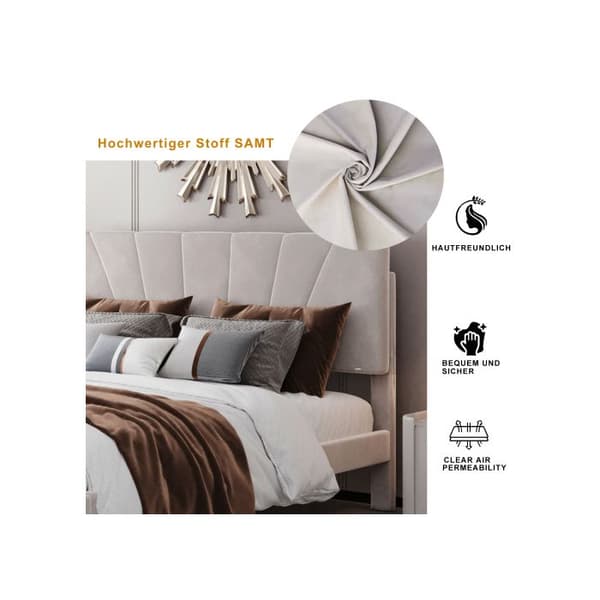 Dubbelbädd med stoppad sänggavel och stora lådor, beige (madrass ingår ej).