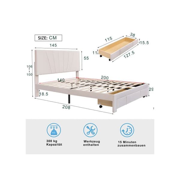 Dubbelbädd med stoppad sänggavel och stora lådor, beige (madrass ingår ej).