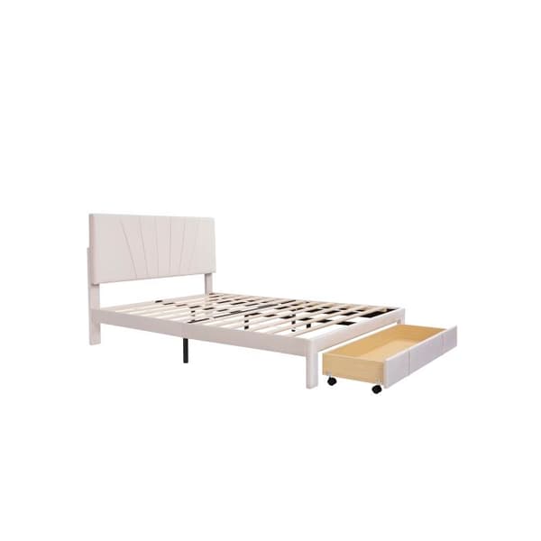 Dubbelbädd med stoppad sänggavel och stora lådor, beige (madrass ingår ej).