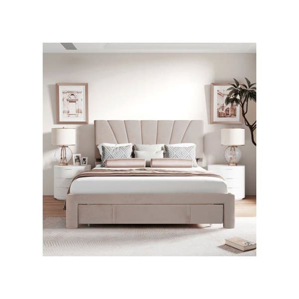 Dubbelbädd med stoppad sänggavel och stora lådor, beige (madrass ingår ej).