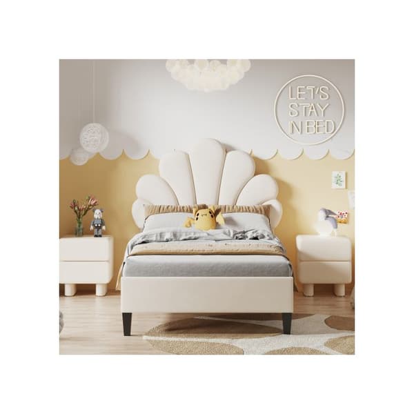 Vadderad barnsäng 90 x 200 cm, sängram med blommig sänggavel och ribbotten, gästsäng (färg: beige)