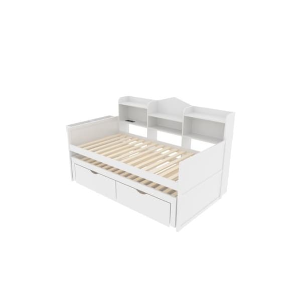 Soffa-säng 90*200, utdragbar säng 90*190 (med två lådor, ett stort förvaringsutrymme och en korg), vit