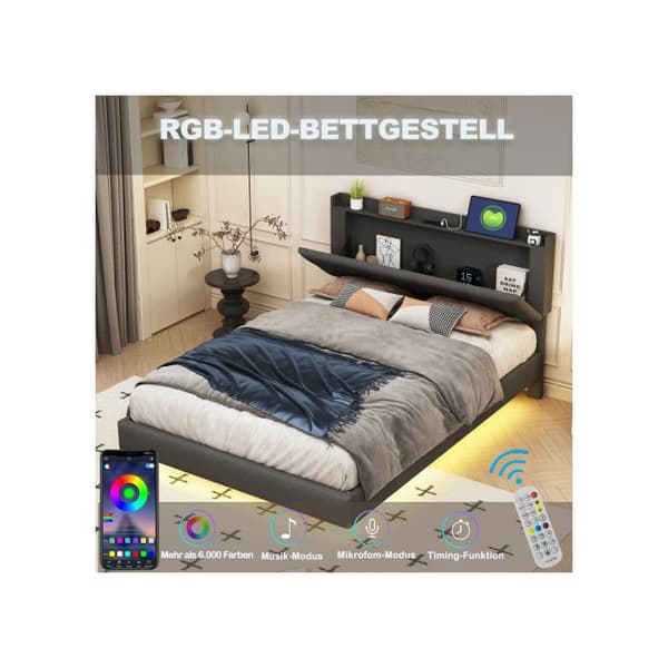 Uppfällt säng 140*200 cm med USB-laddning och LED-rand med färgförändring, tvilling säng i mjukt linnetyg för huden.