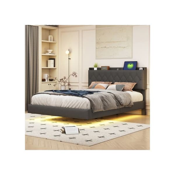 Uppfällt säng 140*200 cm med USB-laddning och LED-rand med färgförändring, tvilling säng i mjukt linnetyg för huden.