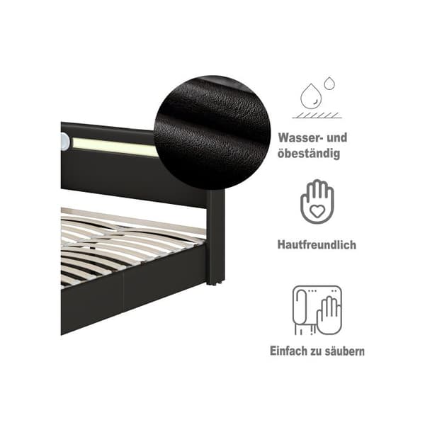 Säng 140x200 med LED-ljusskena, Bluetooth-högtalare och USB-laddare, förvaringssäng i PU-läder