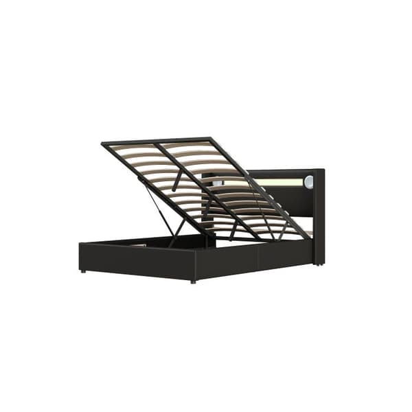 Säng 140x200 med LED-ljusskena, Bluetooth-högtalare och USB-laddare, förvaringssäng i PU-läder